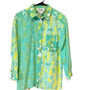 Lilly Pulitzer vintage seersucker Hawaiian shirt women M green yellow octopus